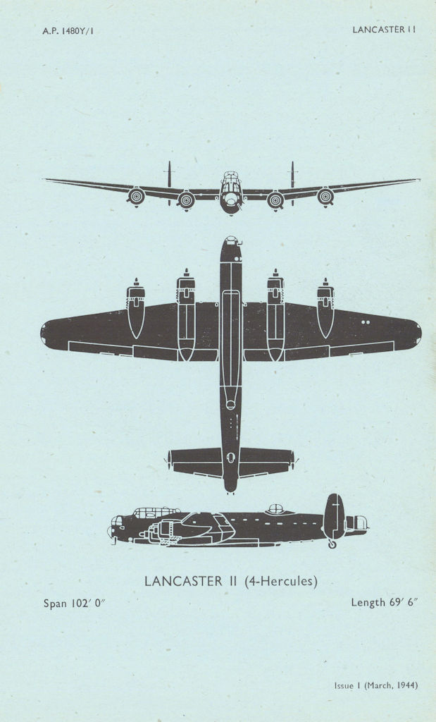 Avro Lancaster II Bomber. Air Ministry aircraft recognition profile 1944 print