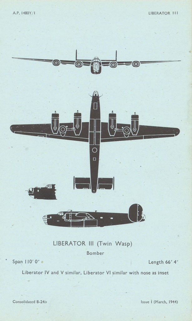 Consolidated B-24D Liberator III Bomber. Aircraft recognition profile 1944