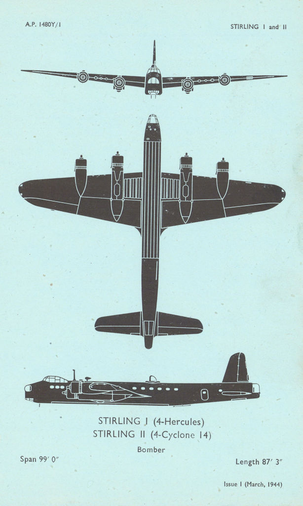 Short Stirling I & II Bomber. Air Ministry aircraft recognition profile 1944