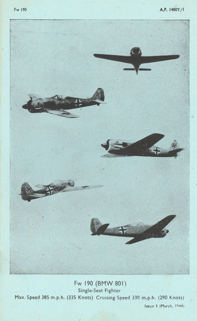 Focke-Wulf Fw 190A4 Fighter Bomber. Aircraft recognition photos 1944 old print