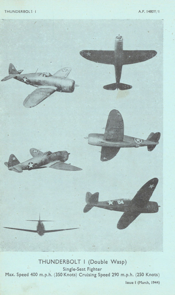 Republic P-47 Thunderbolt I fighter. Aircraft recognition photos 1944 print