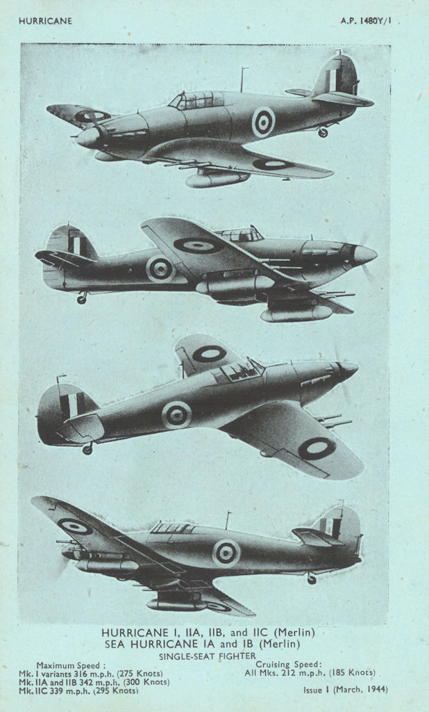 Hawker Hurricane/Sea Hurricane fighter. Aircraft recognition photos 1944 print