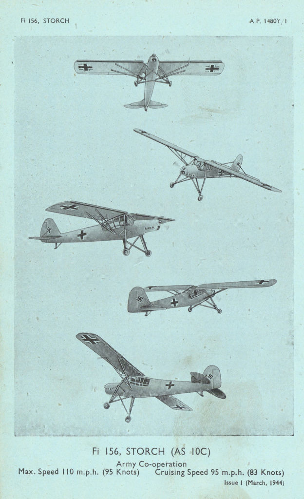 Fieseler Fi 156 Storch Communications. Aircraft recognition photos 1944 print