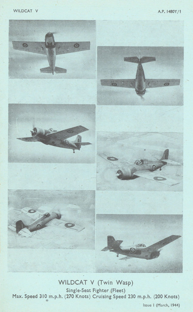 Grumman F4F Wildcat V fighter (Fleet). Aircraft recognition photos 1944 print