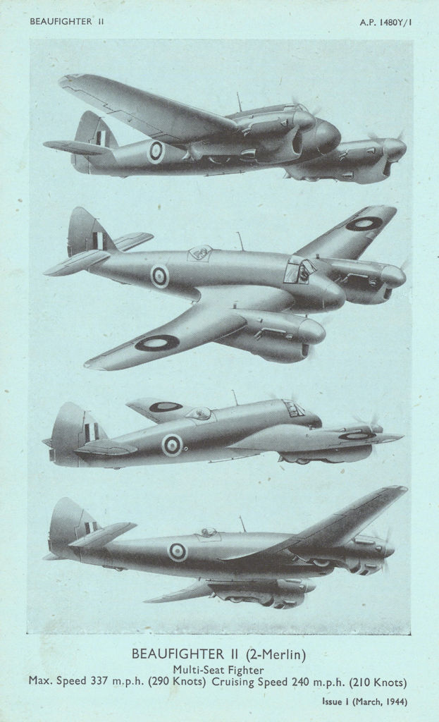 Bristol Beaufighter II Multi-Seat fighter. Aircraft recognition photos 1944