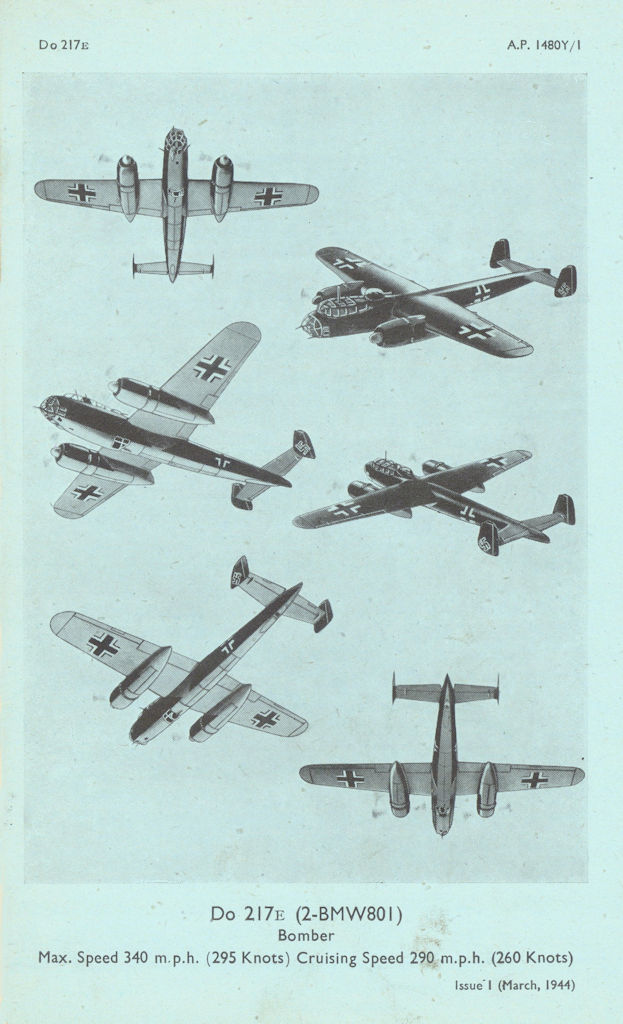 Dornier Do 217E Bomber. Air Ministry aircraft recognition photos 1944 print