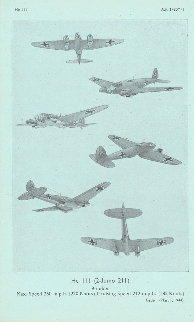 Heinkel III Bomber. Air Ministry aircraft recognition photos 1944 old print