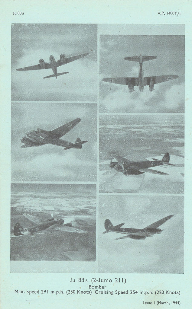 Junkers Ju 88A Bomber. Air Ministry aircraft recognition photos 1944 old print