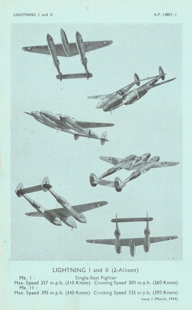 Lockheed P-38 Lightning I & II Fighter. Aircraft recognition photos 1944 print