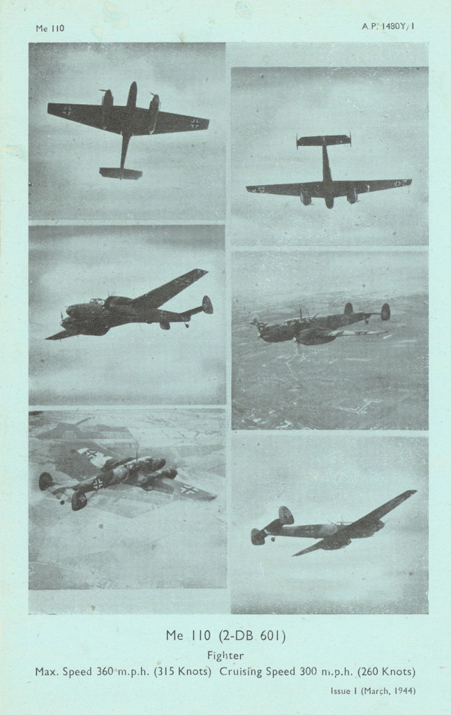 Messerschmitt Me 110 Fighter Bomber. Aircraft recognition photos 1944 print