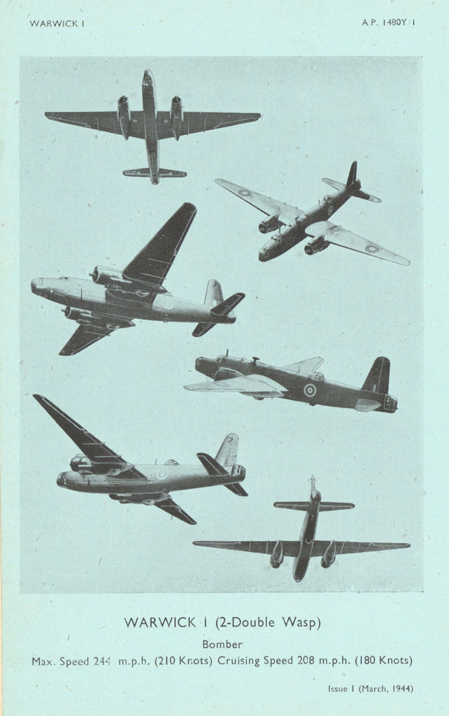 Vickers Warwick I Bomber. Air Ministry aircraft recognition photos 1944 print