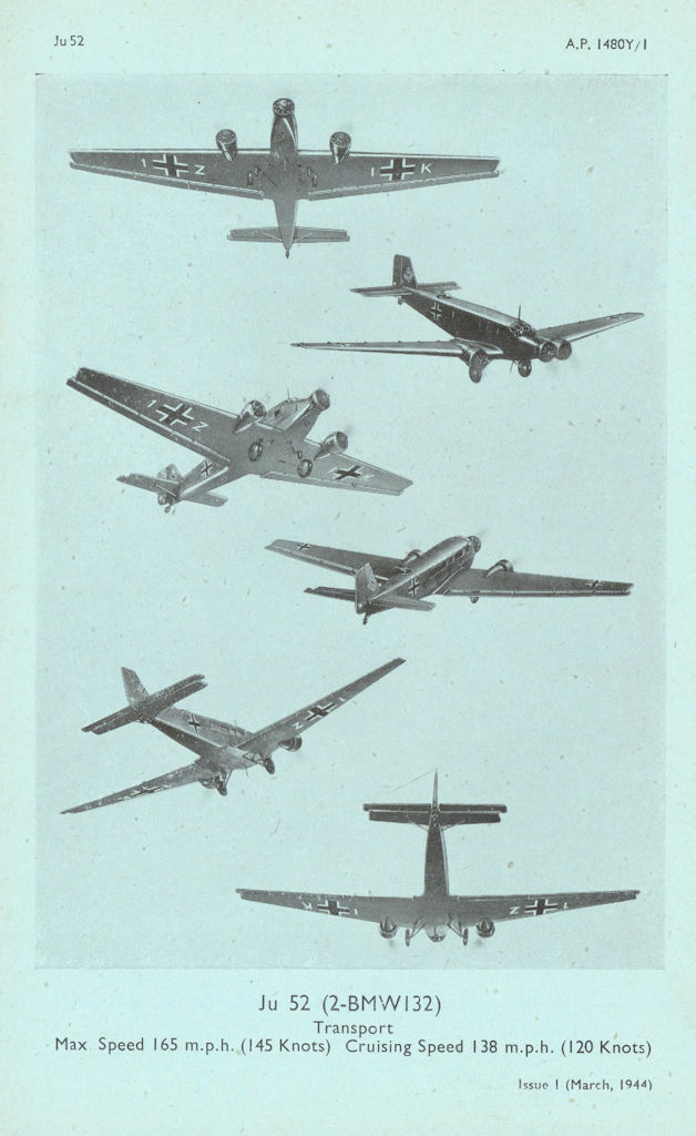 Junkers Ju 52 Transport. Air Ministry aircraft recognition photos 1944 print