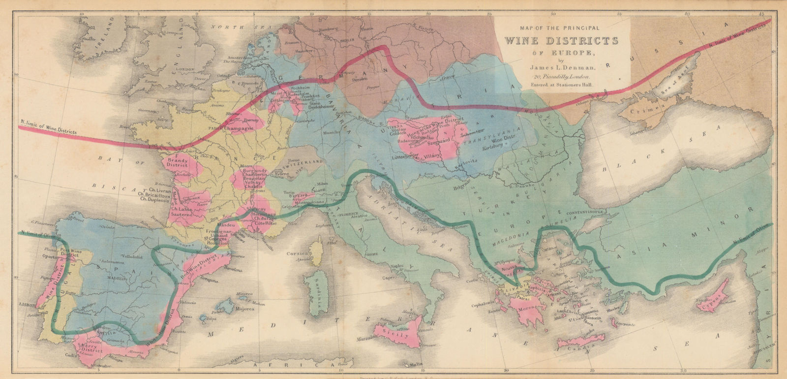 Map of the Principal Wine Districts of Europe by James Denman 1875 old