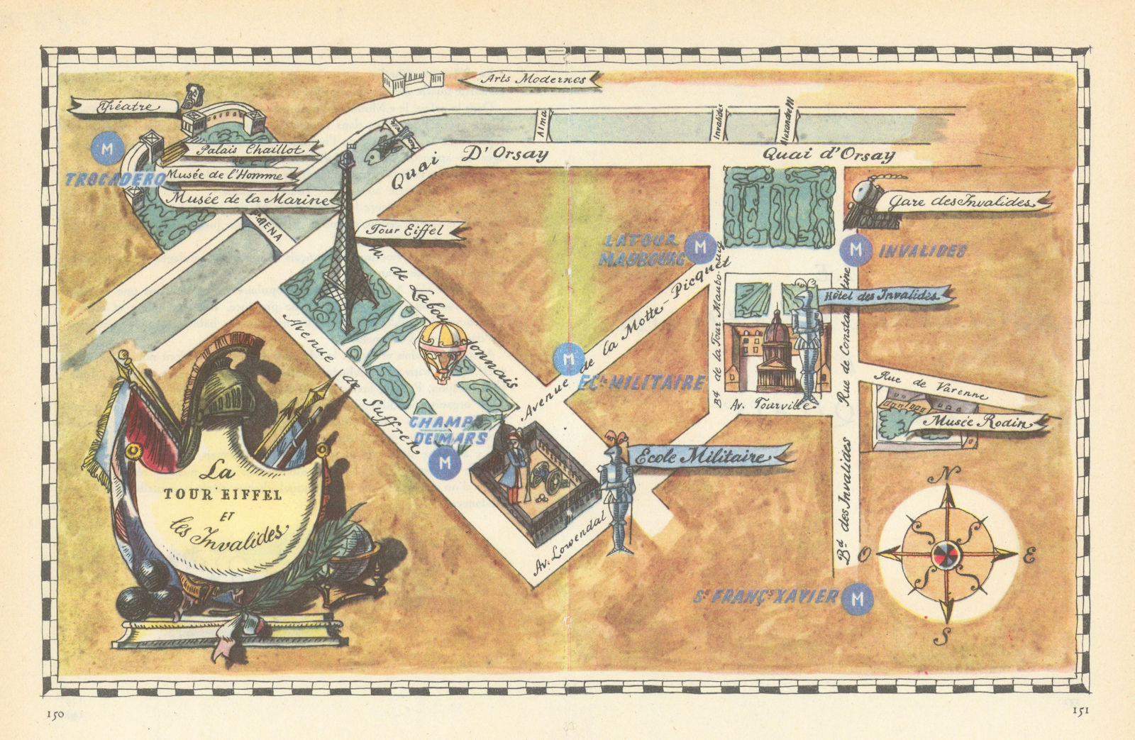 La Tour Eiffel & Les Invalides - Paris neighbourhood/quartier pictorial map 1948