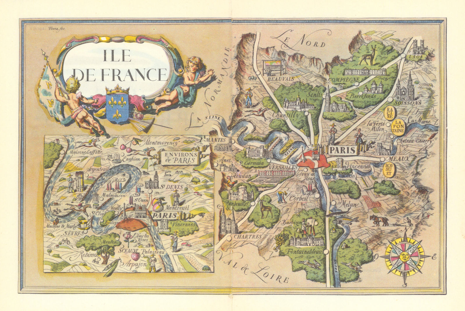 Île de France & environs de Paris region pictorial map by Laszlo Fircsa 1948