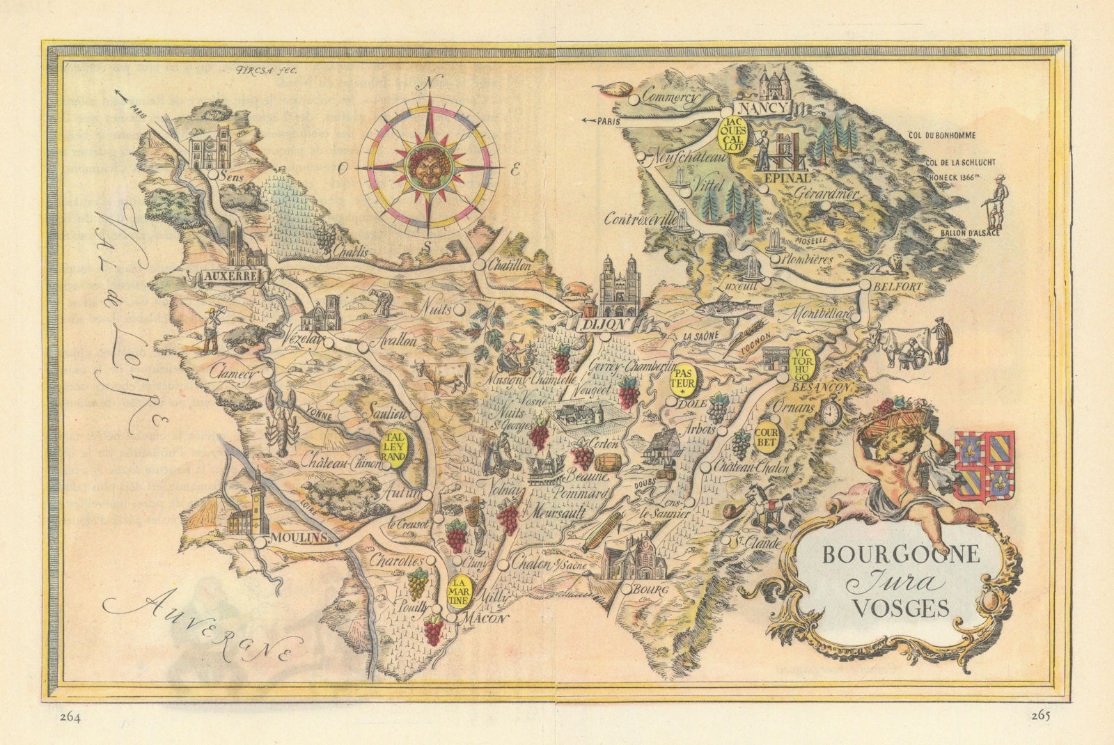 Bourgogne, Jura & Vosges pictorial wine region map. Eastern France. FIRCSA 1948