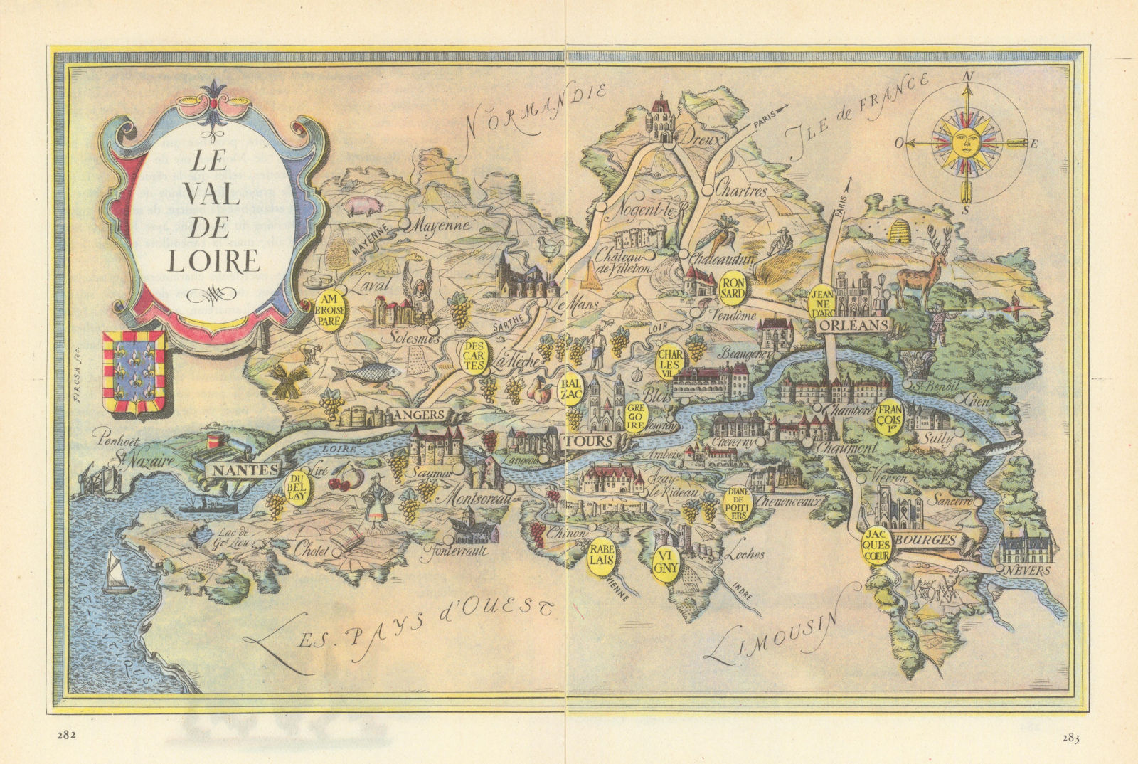 Le Val de Loire pictorial wine region map by Laszlo Fircsa. Chateaux 1948