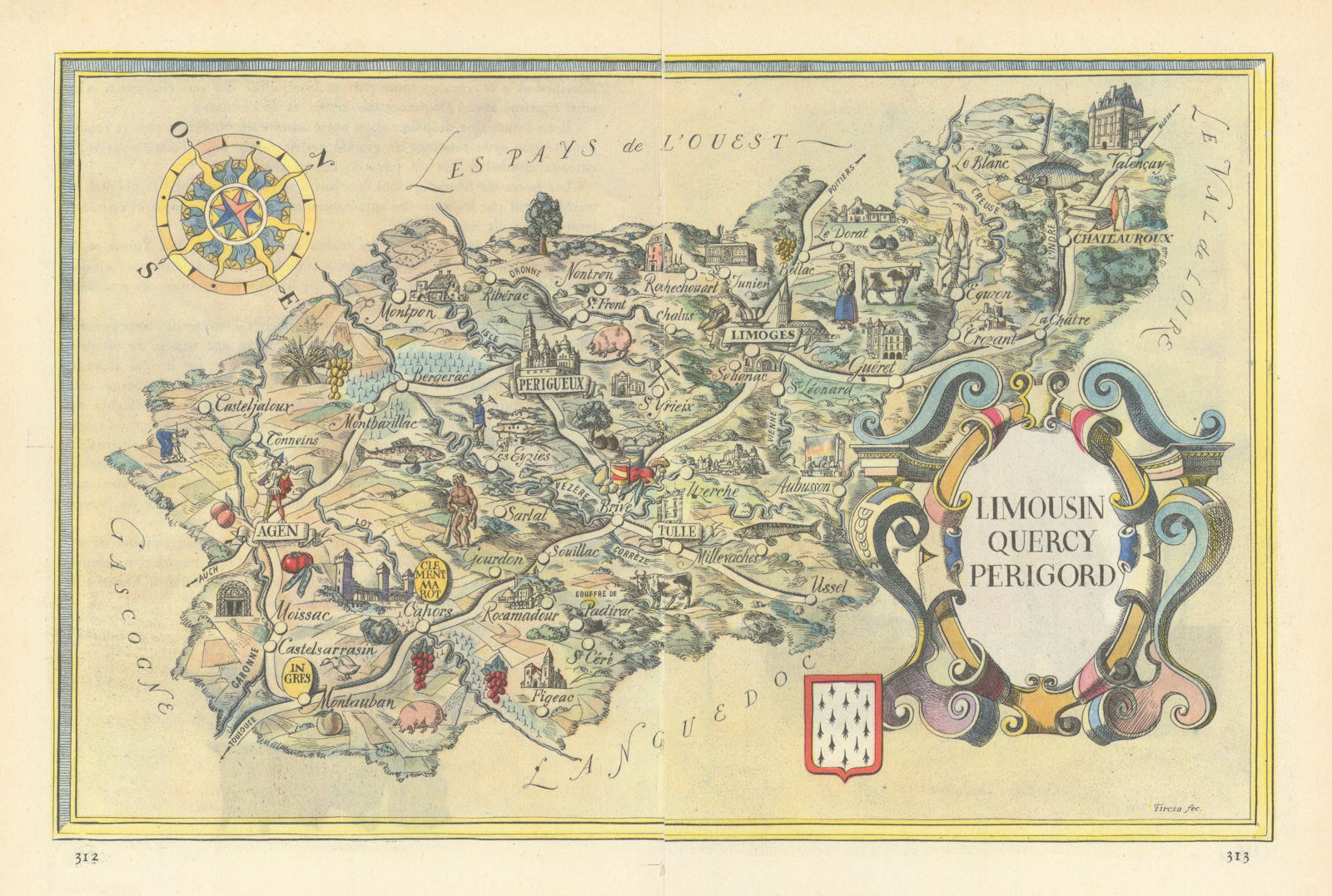 Limousin - Quercy - Périgord pictorial wine region map by Laszlo Fircsa 1948