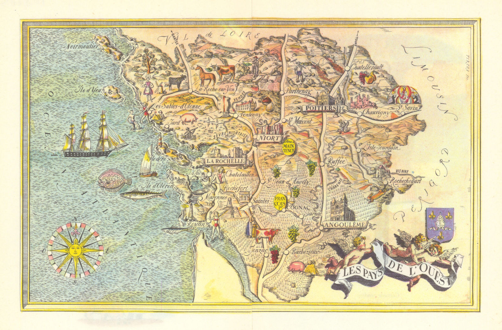 Les pays de l’Ouest pictorial Cognac region map by Laszlo Fircsa. Charente 1948