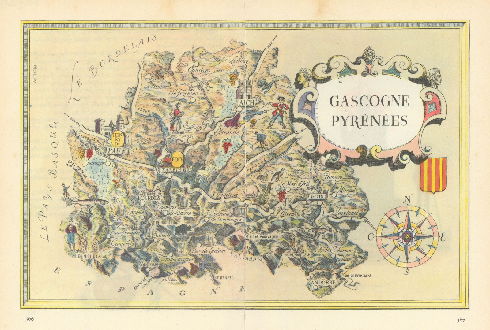 Gascogne - Pyrénées pictorial wine region map by Laszlo Fircsa. Occitanie 1948