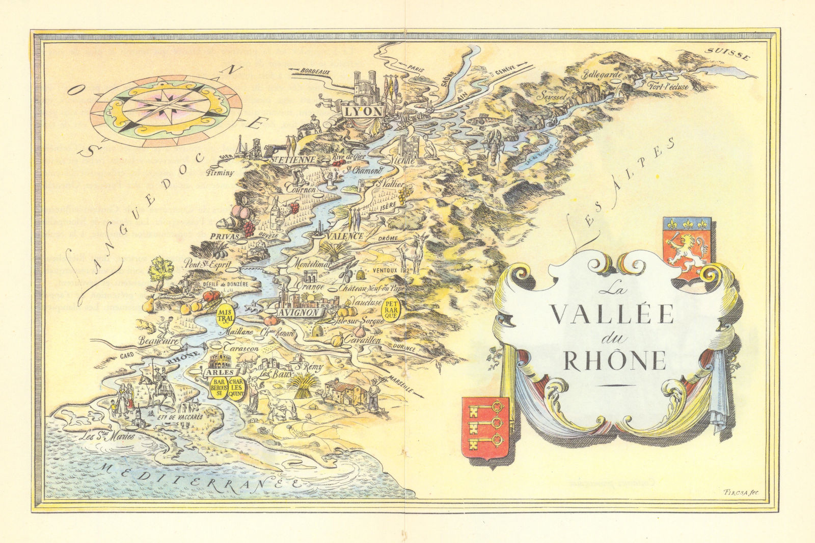 La Vallée du Rhône pictorial wine region map by Laszlo Fircsa 1948 old