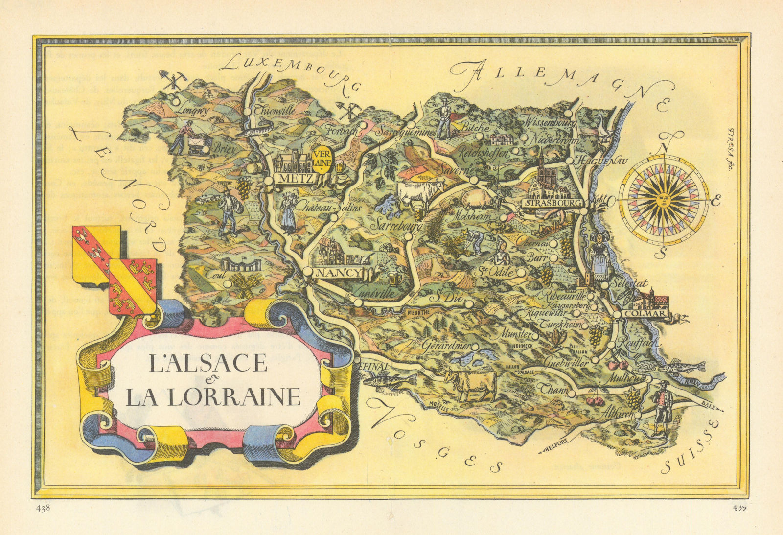 Alsace & Lorraine pictorial wine region map by Laszlo Fircsa. Grand Est 1948