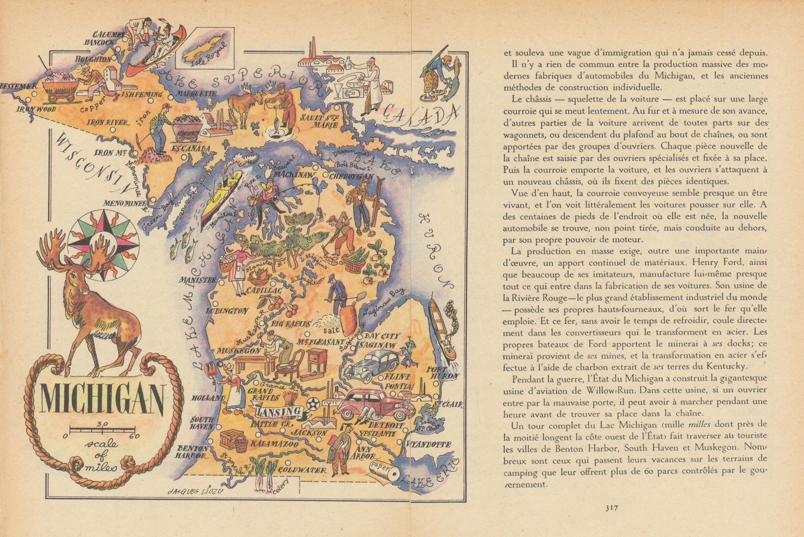 Michigan small state map by Jacques Liozu 1946 old vintage plan chart