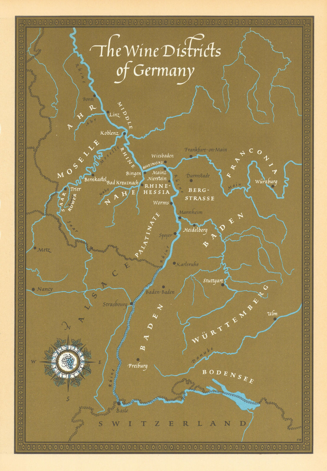 The wine districts of Germany by Sheila Waters & André Simon 1963 old map