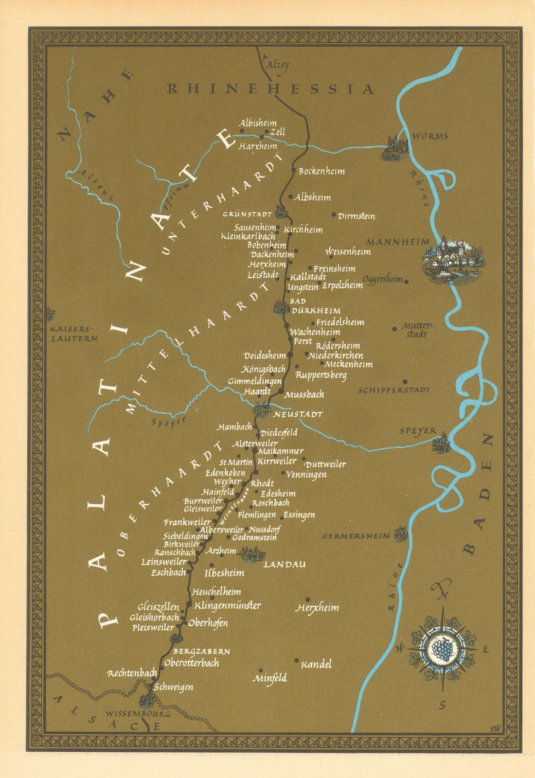 Germany wine regions map of Palatinate/Pfalz by Sheila Waters & André Simon 1963