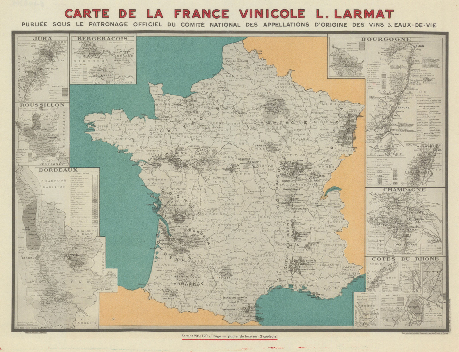 LA FRANCE VINICOLE Institut National Appellations d'Origine LARMAT wine map 1945