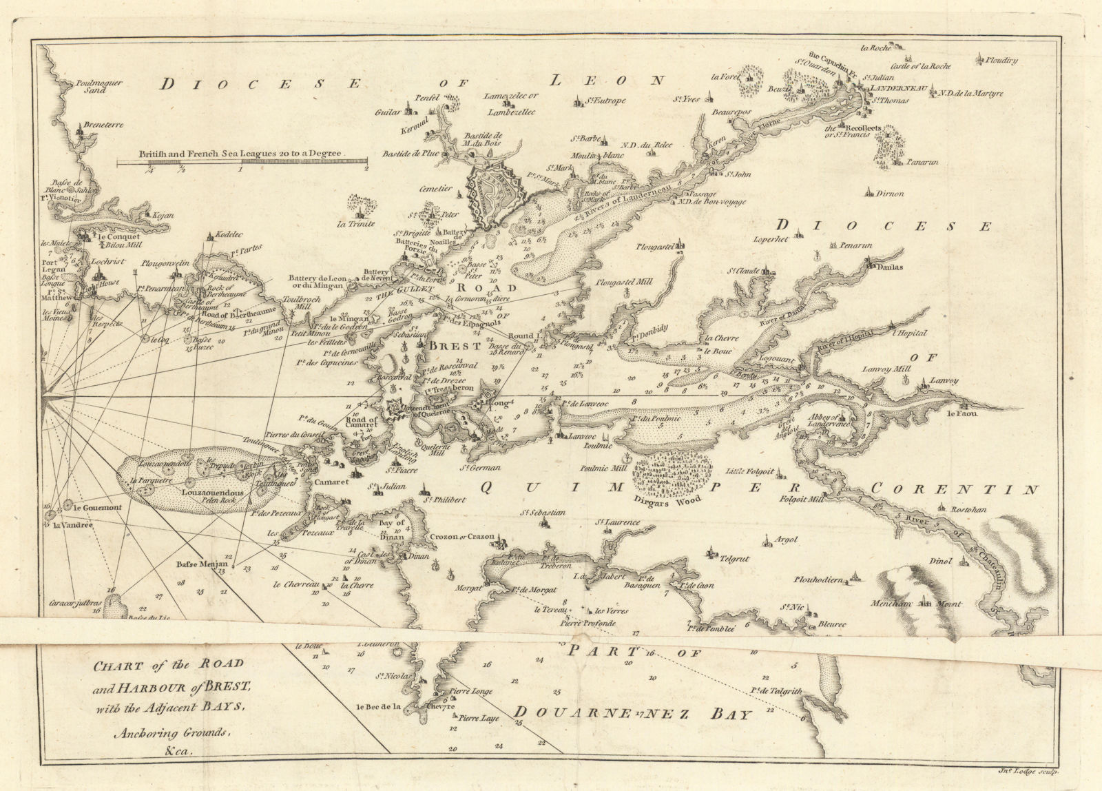 Chart of the Road and Harbour of Brest… by John Lodge 1780 old antique map