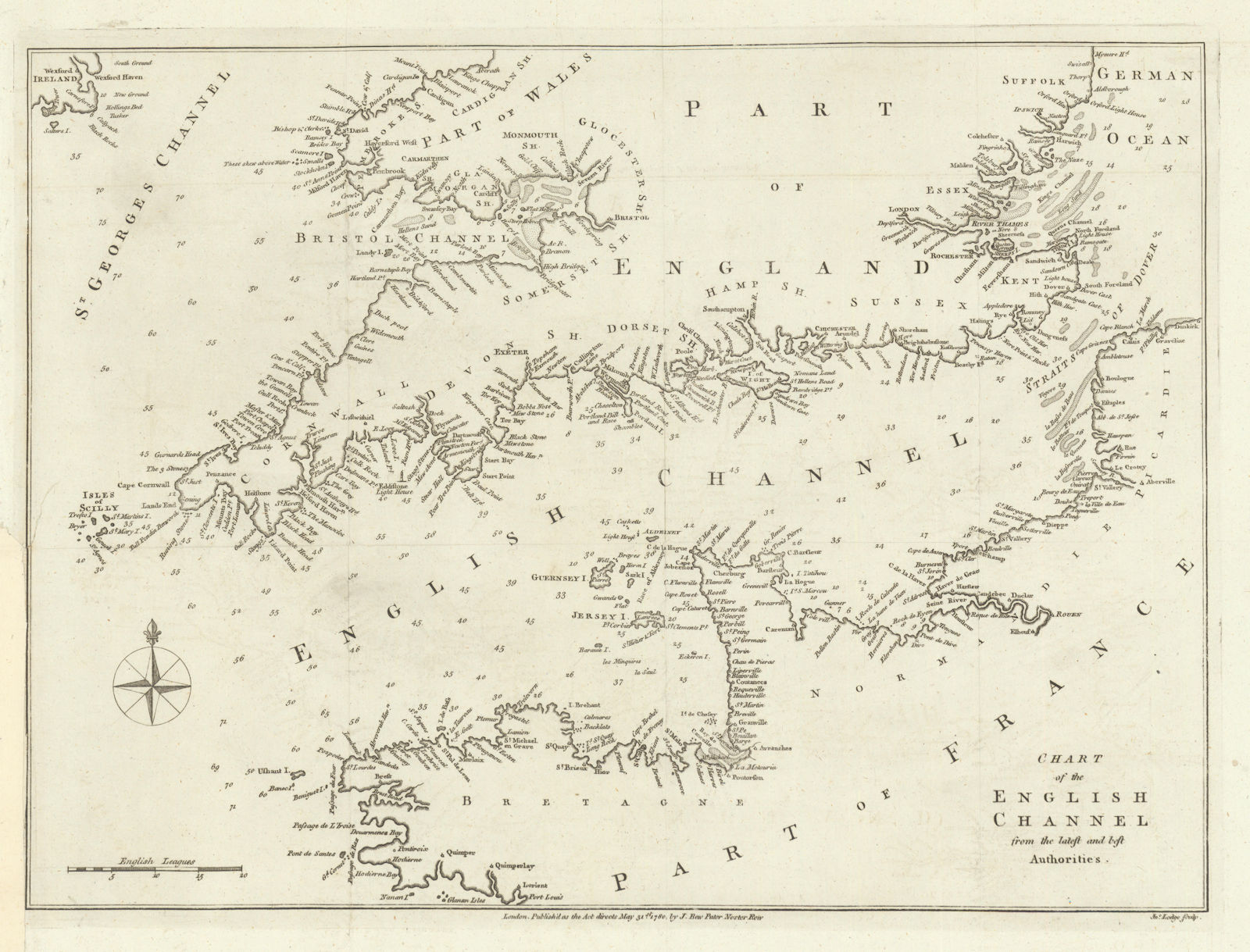 Chart of the English Channel from the latest… authorities by John Lodge 1780 map