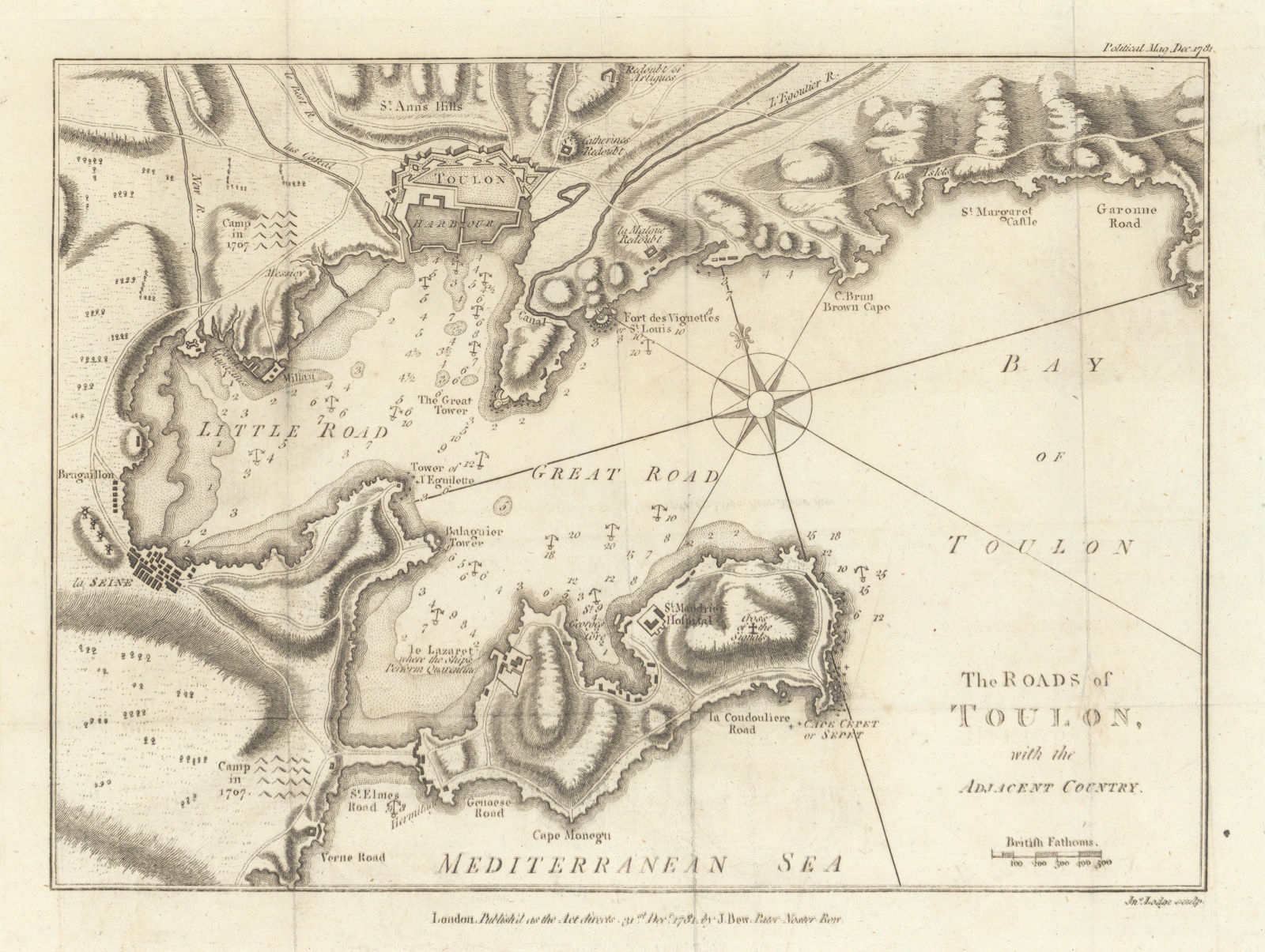 The roads of Toulon with the Adjacent Country by John Lodge 1781 old map