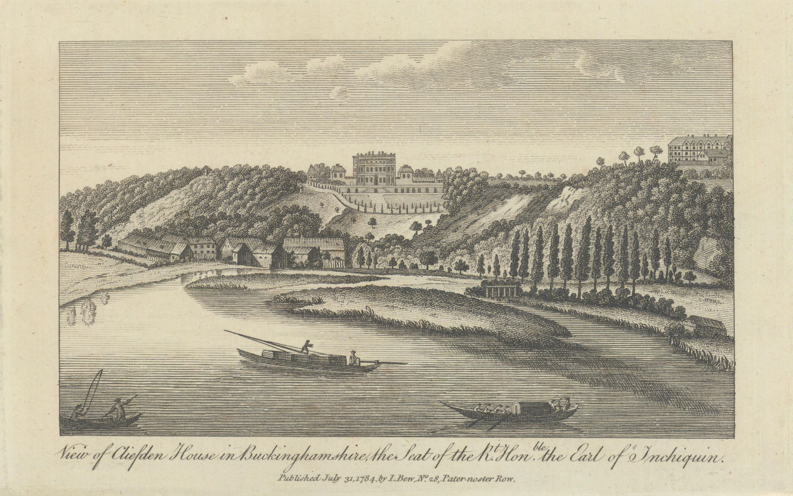 View of Cliefden House in Buckinghamshire. Cliveden. Copperplate print 1785