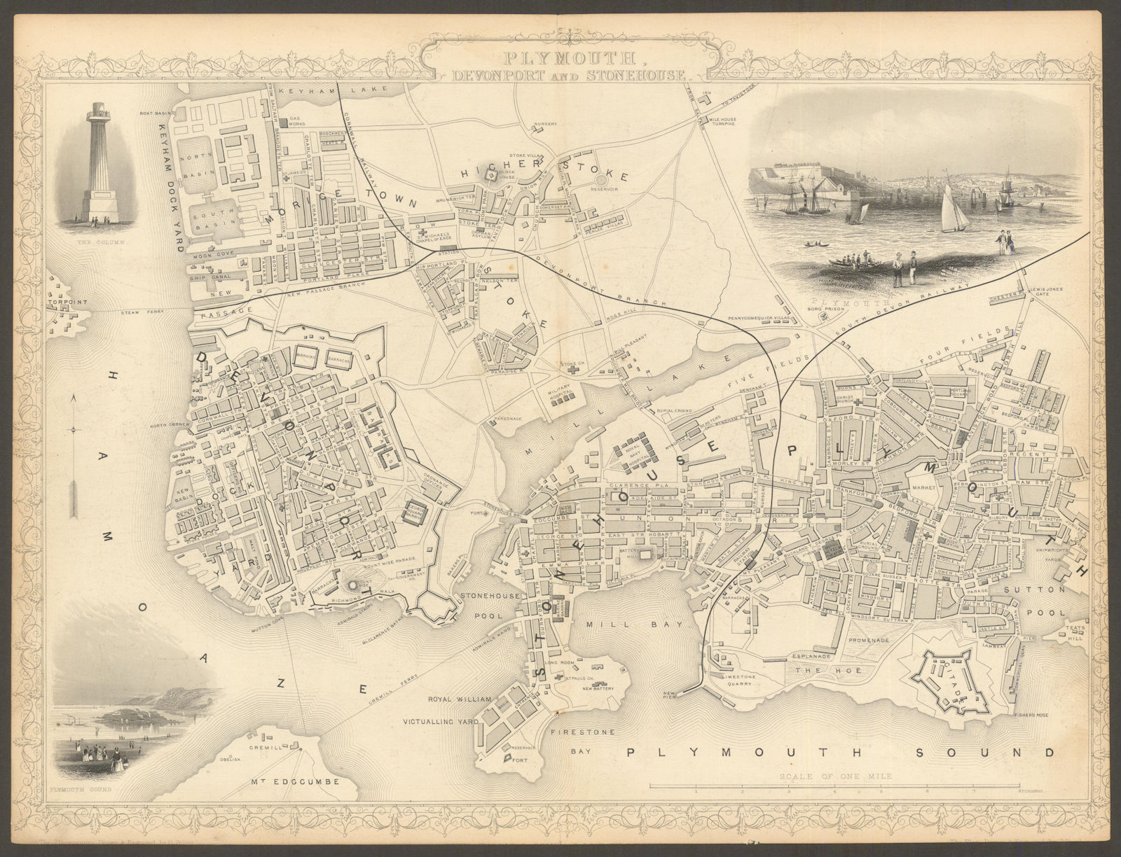 Plymouth, Devonport and Stonehouse town/city plan by TALLIS & RAPKIN c1855 map