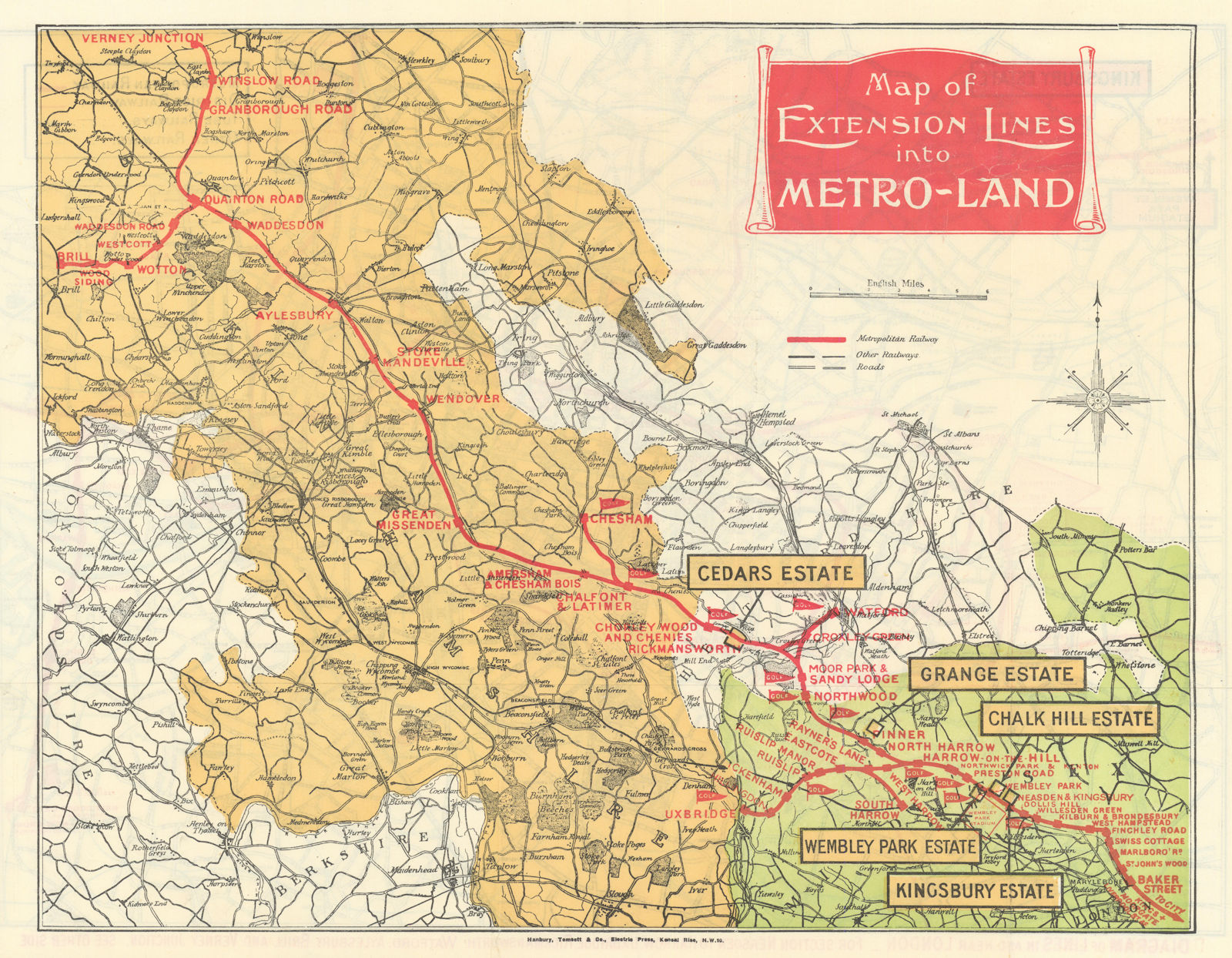 Map of Extension Lines into Metro-land. Metropolitan London underground map 1925