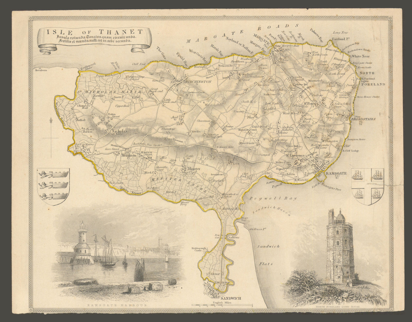 Isle of Thanet antique hand-coloured map by Thomas Moule c1840 old