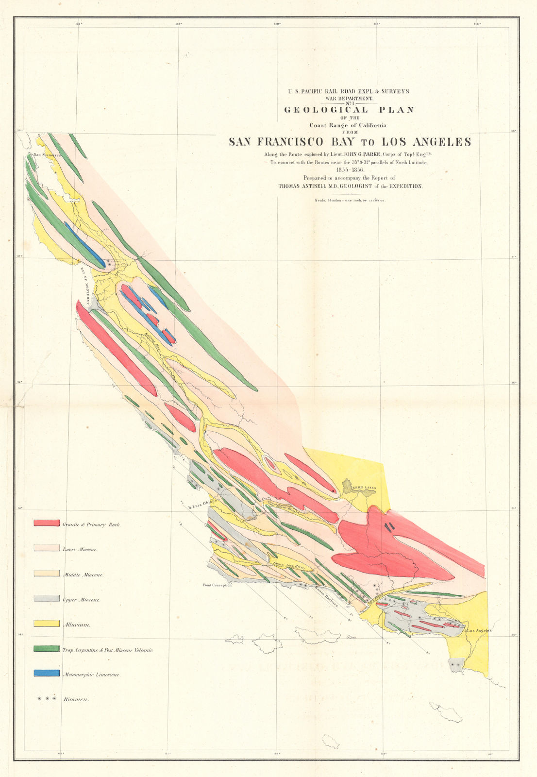 One of the first geological maps of California. Antisell/US War Department 1856