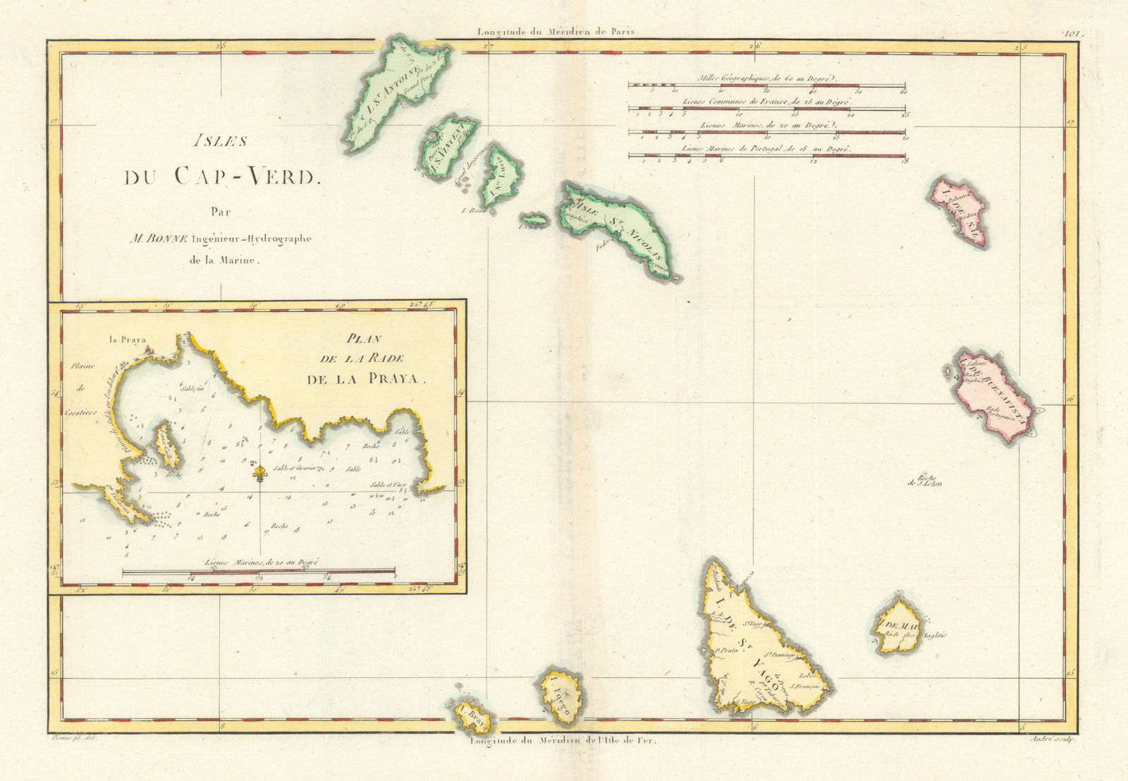 Isles du Cap-Verd. Praya. Cape Verde Islands. Praia Harbour. BONNE 1790 map