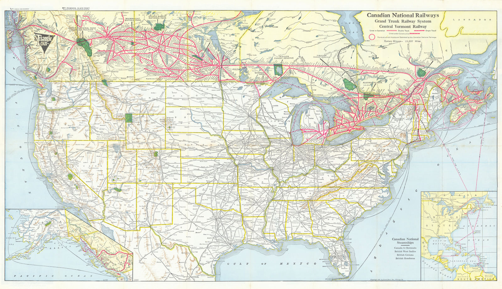 Canadian National Railways network system map. Grand Trunk. Central Vermont 1937