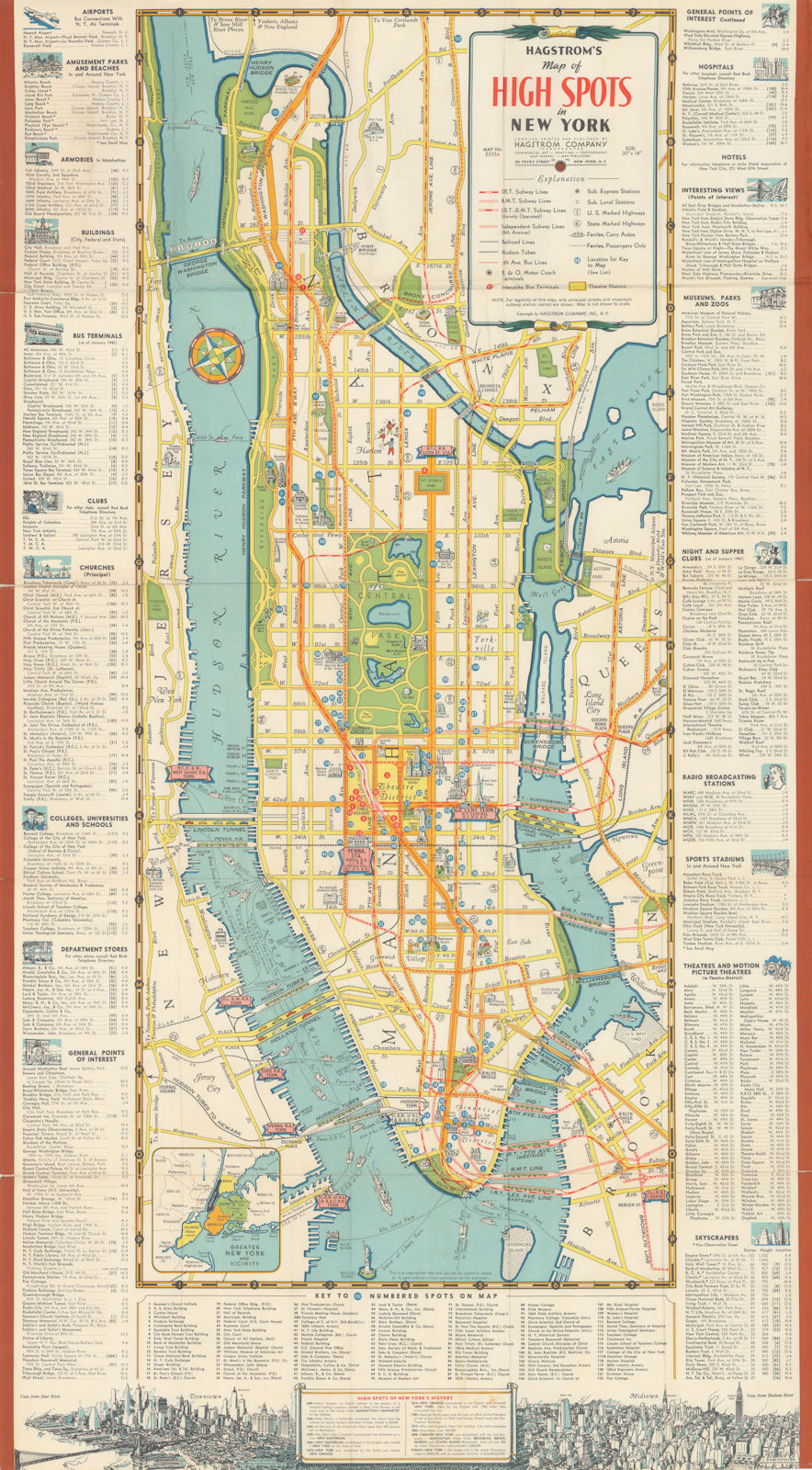 Hagstrom's Map of High Spots in New York City. Manhattan tourist plan. Jan 1940