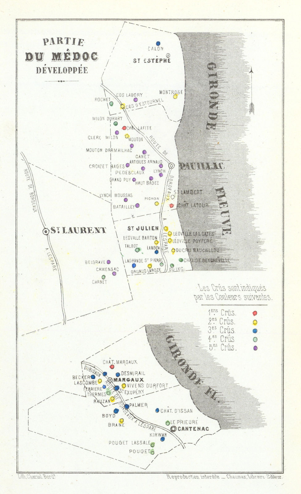 Partie du Médoc Développée. 1855 Classification. Gironde Bordeaux wine map 1871