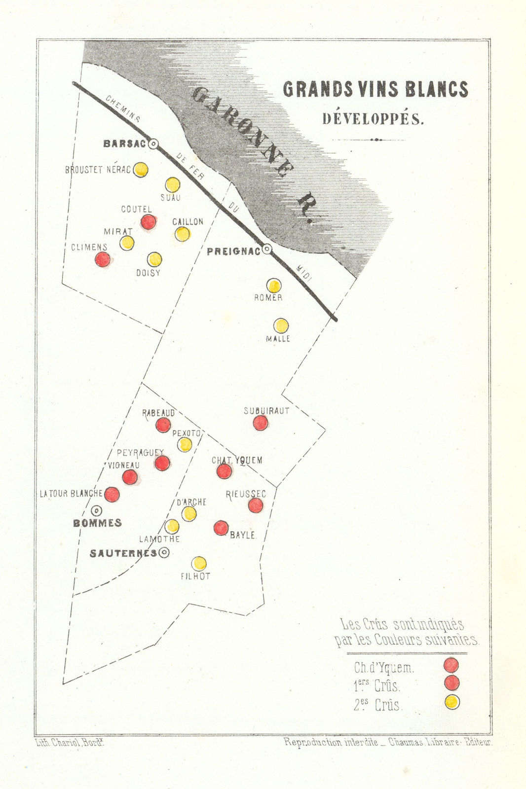 Grands Vins Blancs Développés 1855 Classification Gironde Bordeaux wine map 1871