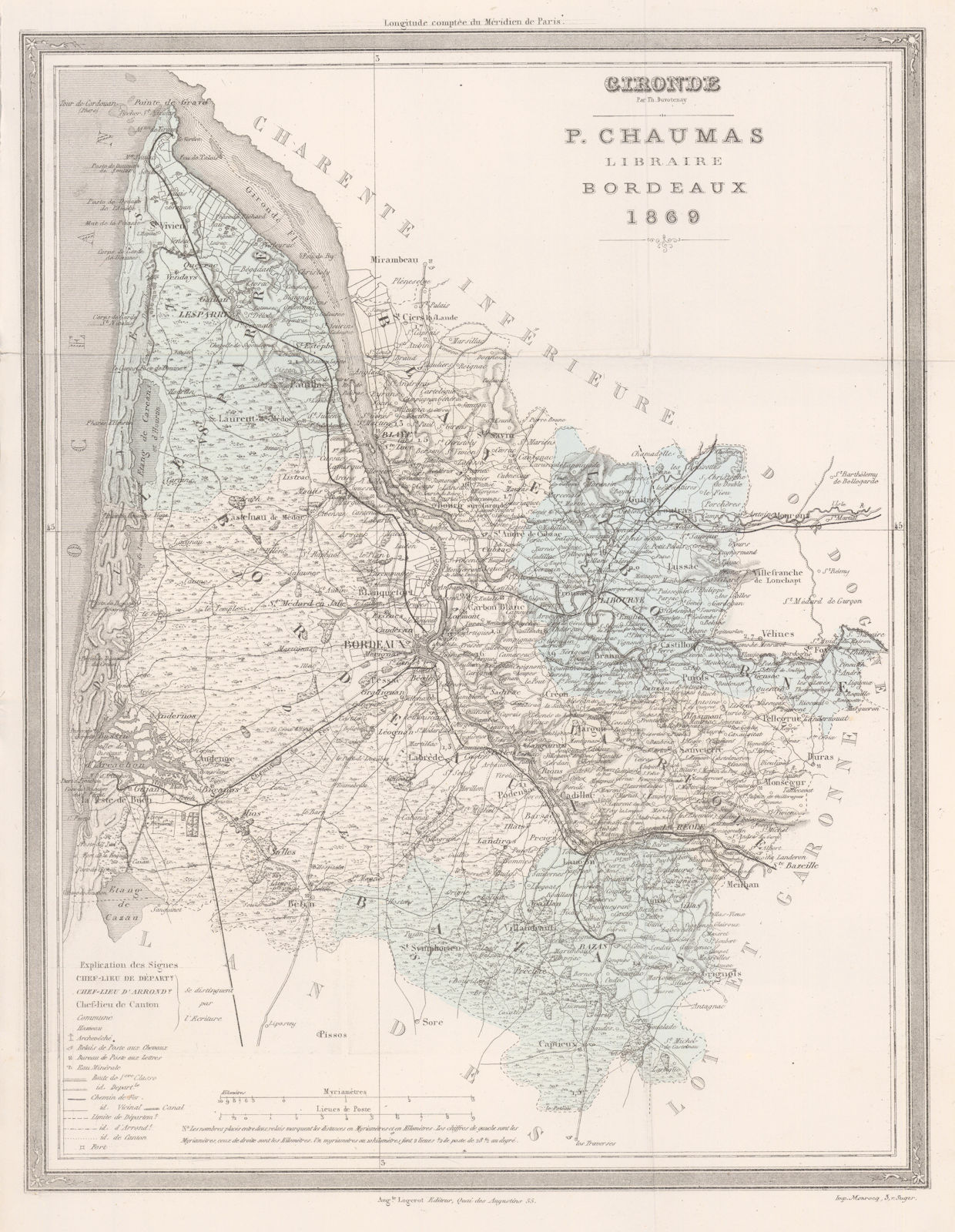 Gironde par Th. Duvotenay 1869. Antique department map 1871 old