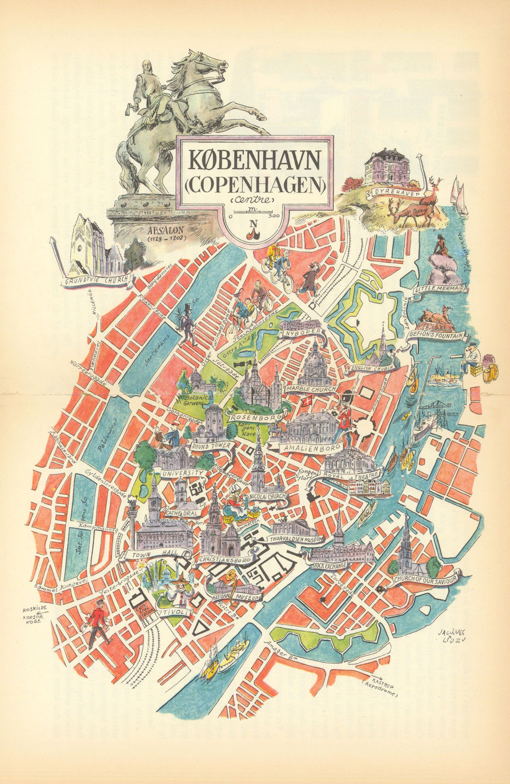 Kobenhavn / Copenhagen small pictorial map by Jacques Liozu. Denmark 1952