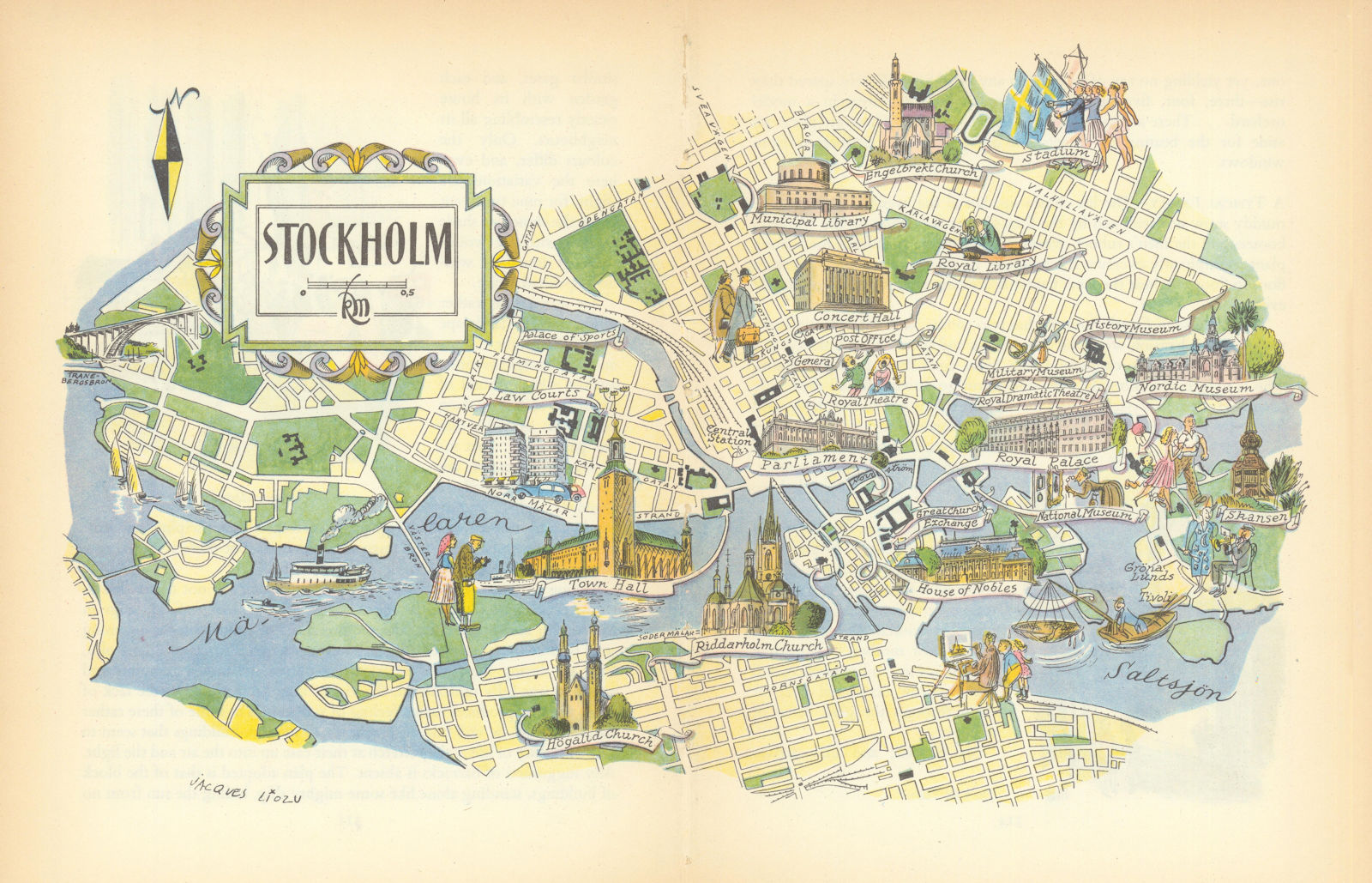 Stockholm small pictorial city plan by Jacques Liozu. Sweden 1952 old map