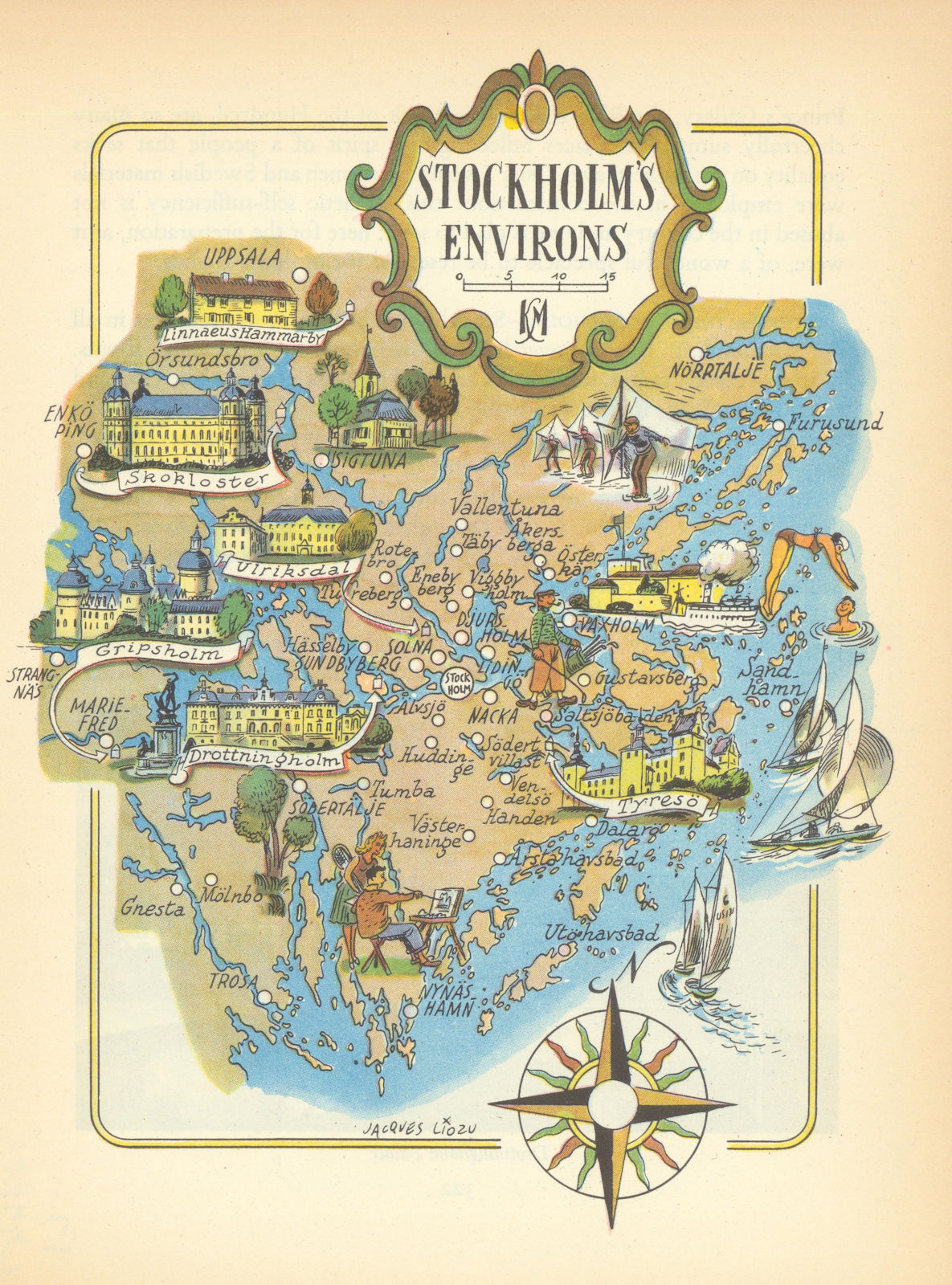 Stockholm environs small pictorial map by Jacques Liozu. Sweden 1952 old