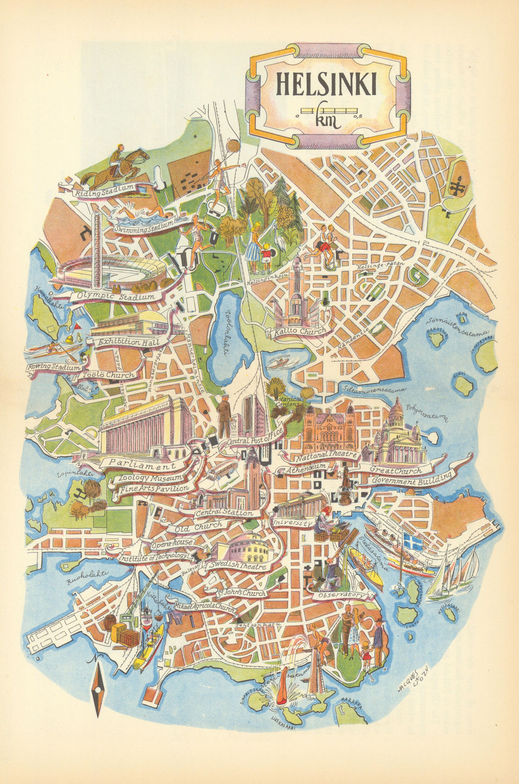 Helsinki small pictorial city plan by Jacques Liozu. Finland 1952 old map