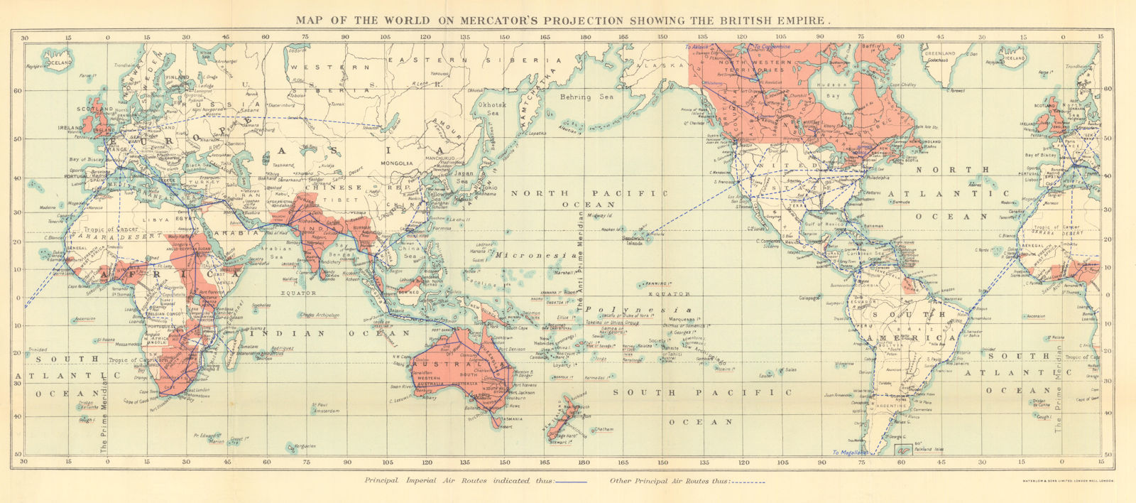 World on Mercator's Projection showing the British Empire & air routes 1938 map