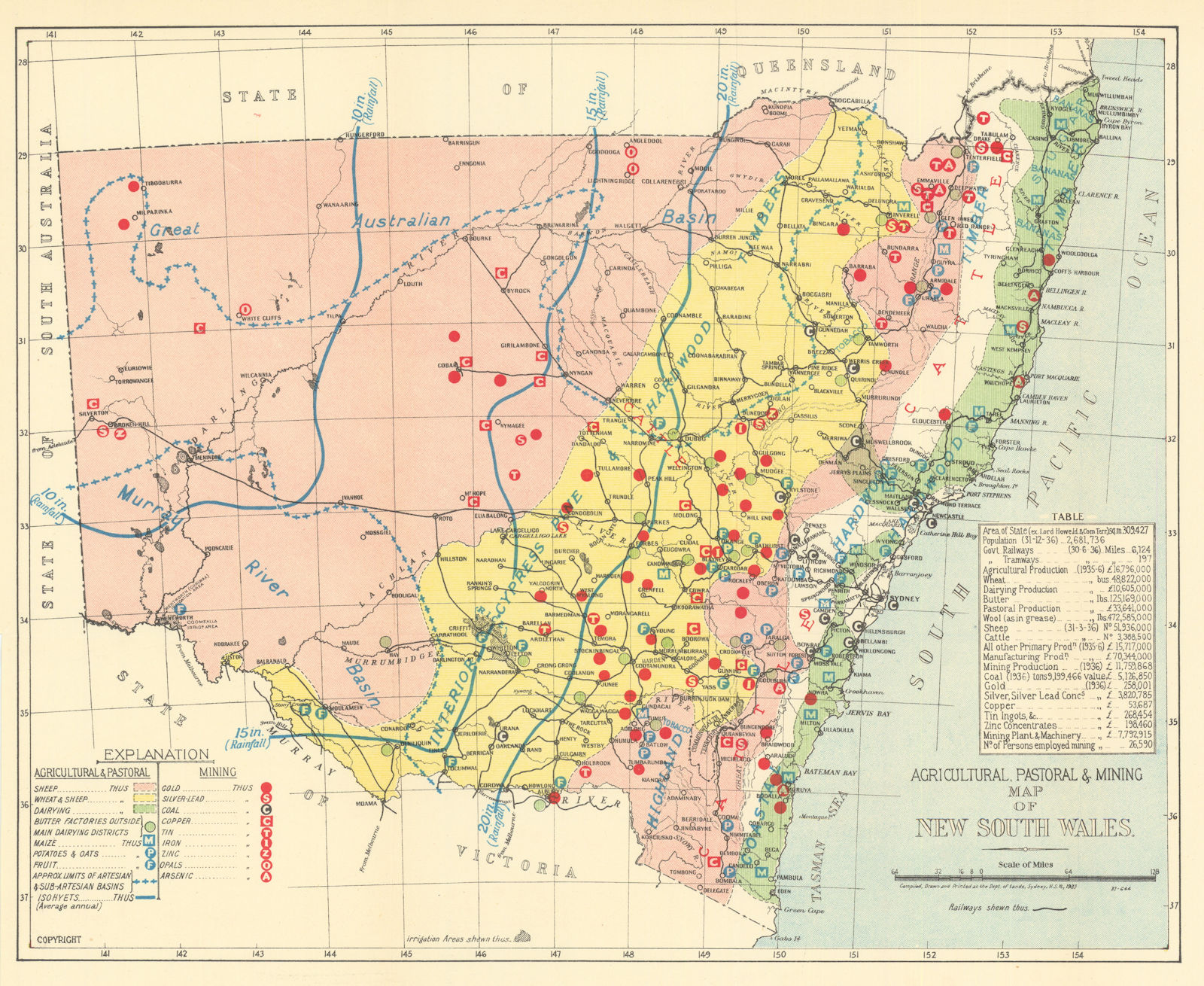 Agricultural, Pastoral & Mining Map of New South Wales. Gold metals 1938